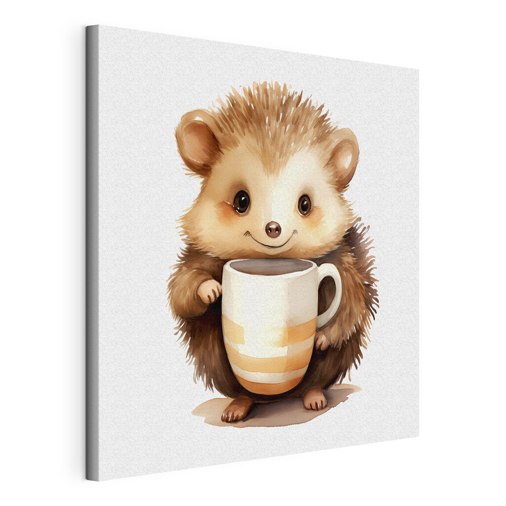 Igelchen mit großer Tasse, gespannte Leinwand mit umlaufender Kante