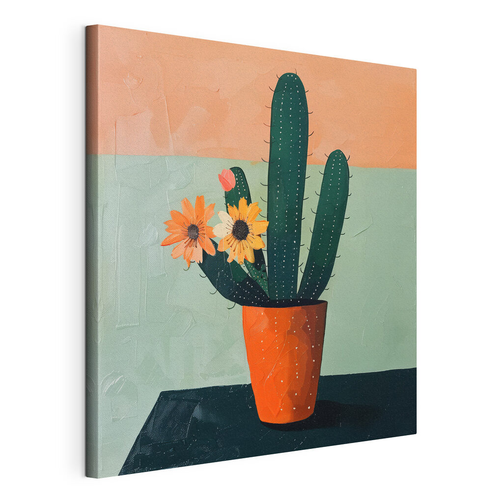 Kaktus mit orangefarbenen Blüten, gespannte Leinwand mit umlaufender Kante