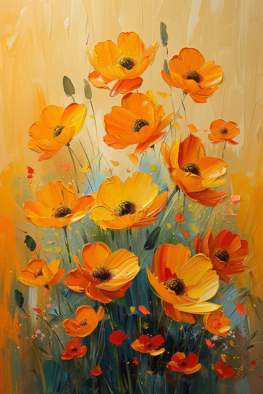Orangefarbene Blüten vor Sonnengelb — ganzes Design