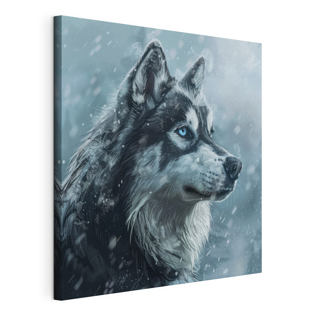 Husky im Schnee, gespannte Leinwand mit umlaufender Kante
