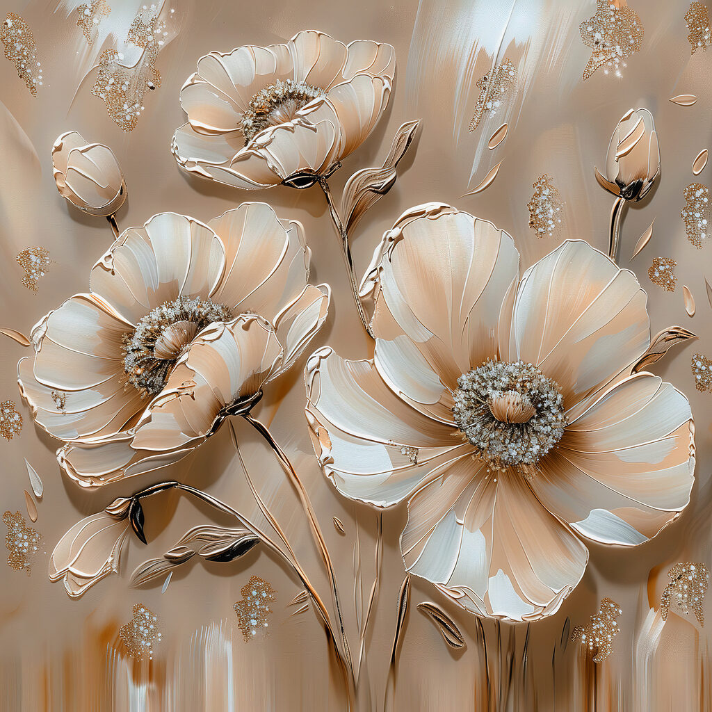 Weiße Blüten auf Sandbeige — ganzes Design