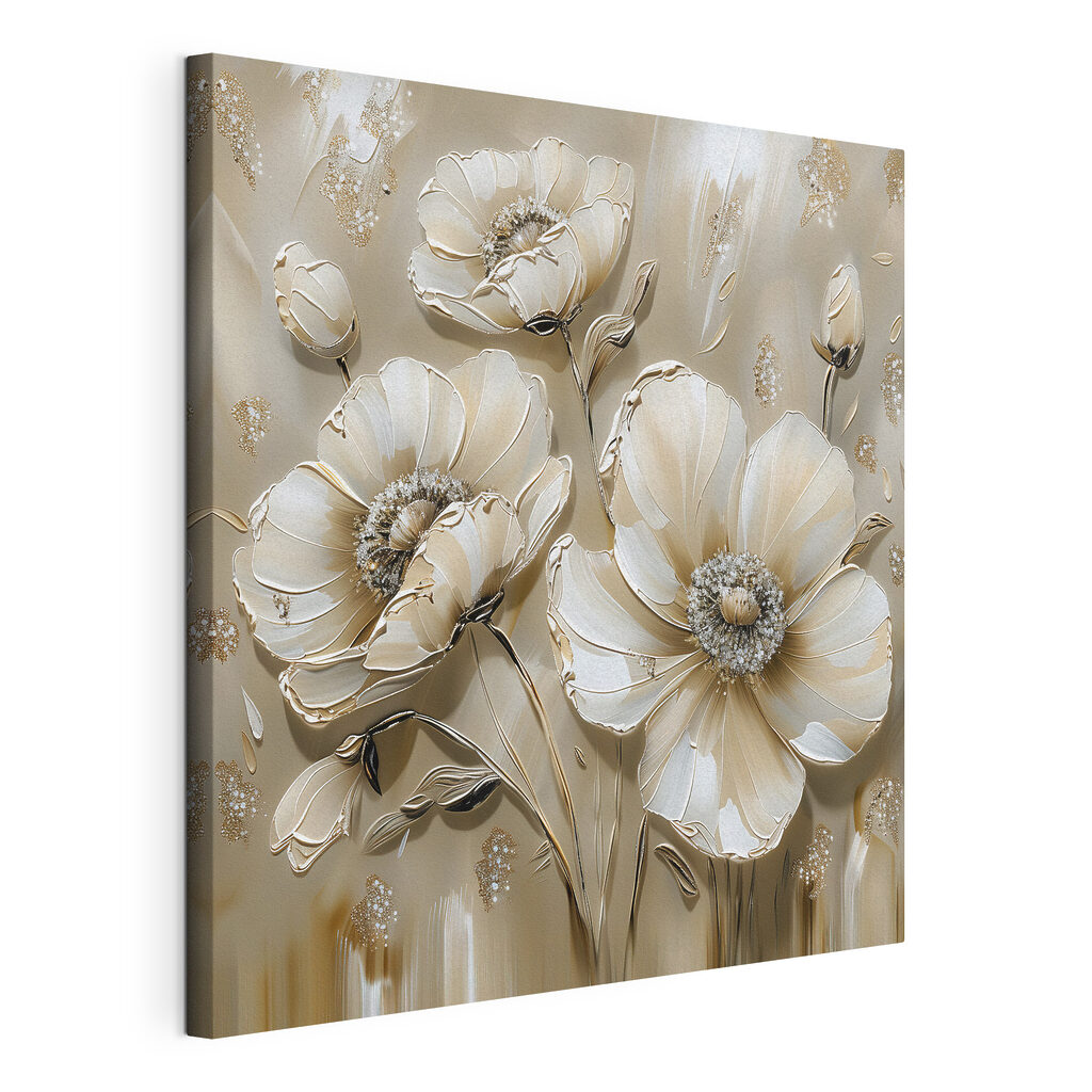 Weiße Blüten auf Sandbeige, gespannte Leinwand mit umlaufender Kante