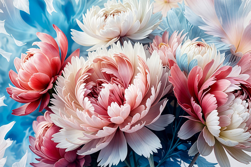 Rosa Pfingstrosen vor Blau — ganzes Design