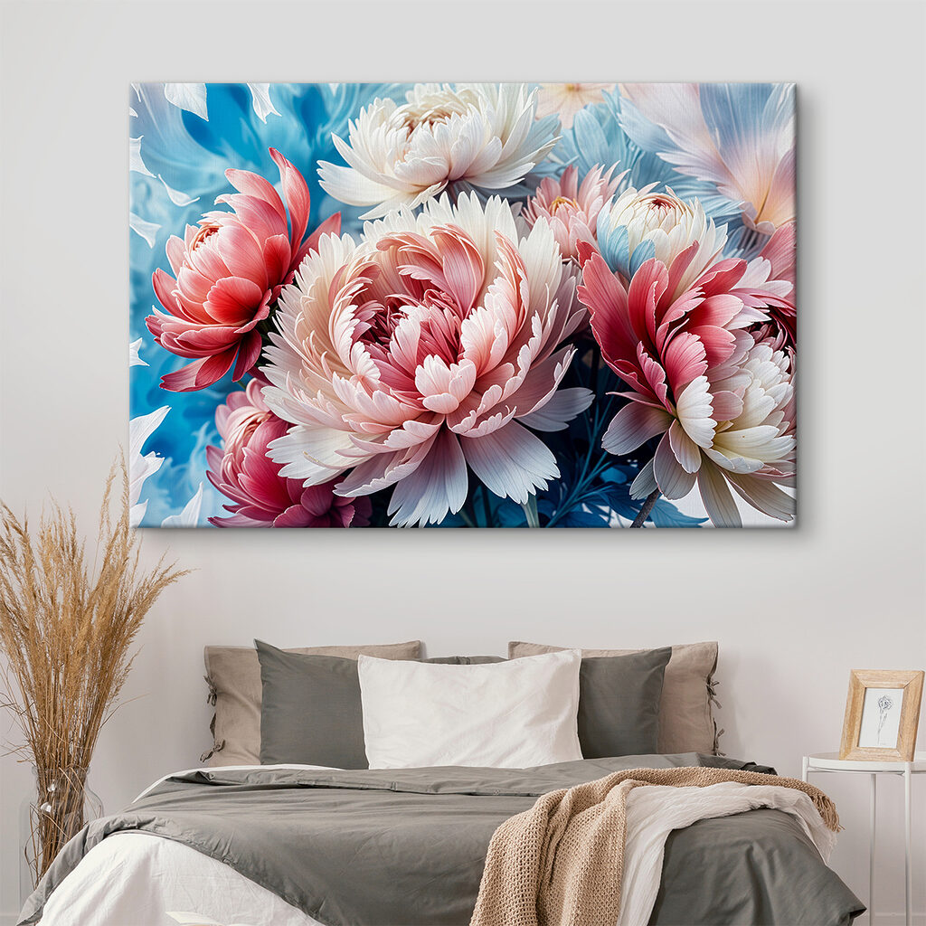 Rosa Pfingstrosen vor Blau — Interieur 1
