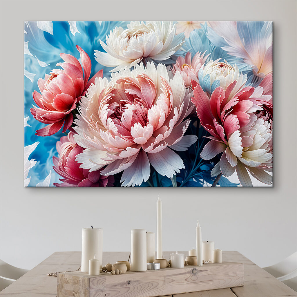 Rosa Pfingstrosen vor Blau — Interieur 2