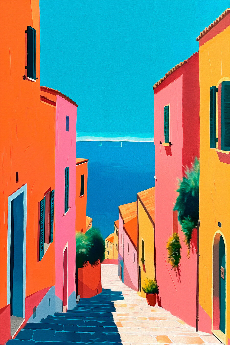 Orangefarbene Fassaden am Meer — ganzes Design