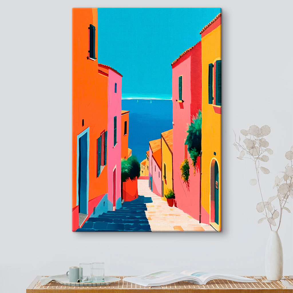Orangefarbene Fassaden am Meer in einem Interieur