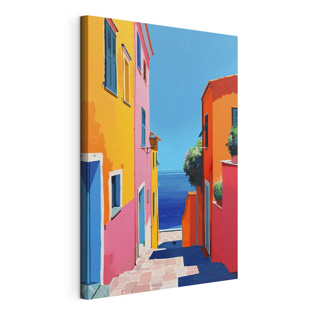 Bunte Treppe zum Meer, gespannte Leinwand mit umlaufender Kante