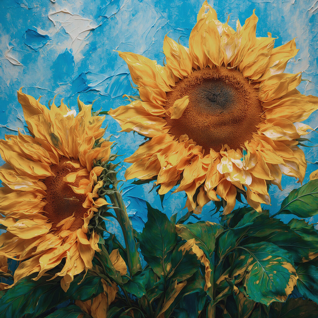 Zwei Sonnenblumen vor Himmelblau — ganzes Design