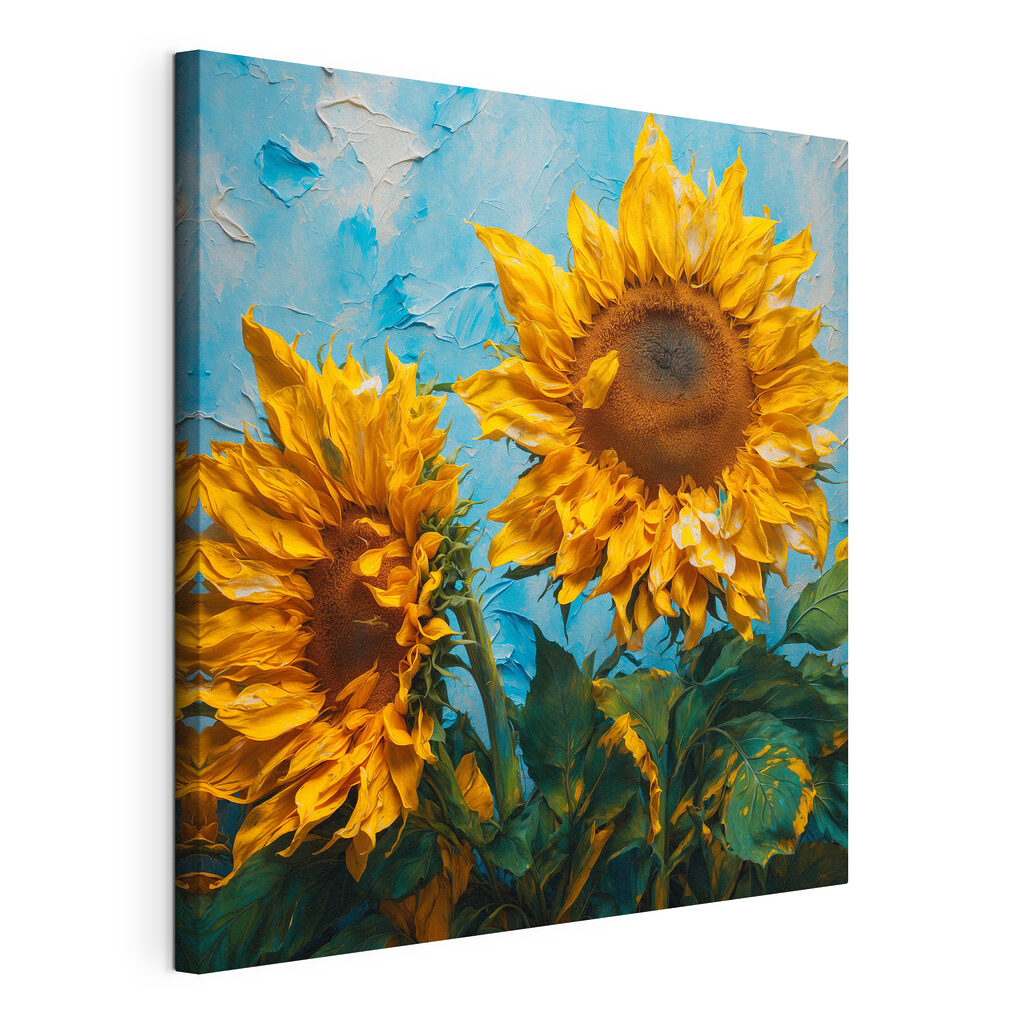 Zwei Sonnenblumen vor Himmelblau, gespannte Leinwand mit umlaufender Kante