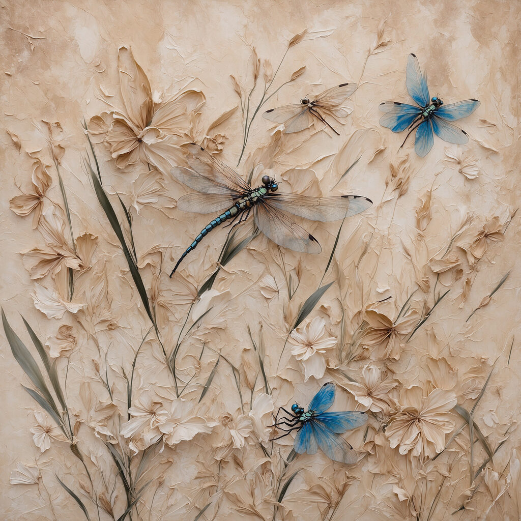 Libellen zwischen beigen Blüten — ganzes Design