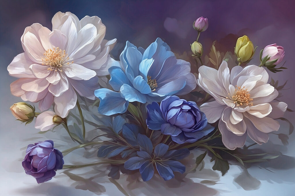 Weiße Blüten neben Tiefblau — ganzes Design
