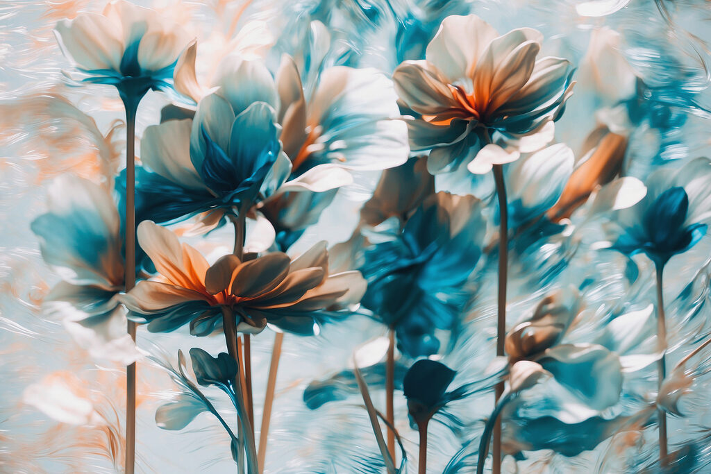 Blaue Blüten an Stielen — ganzes Design