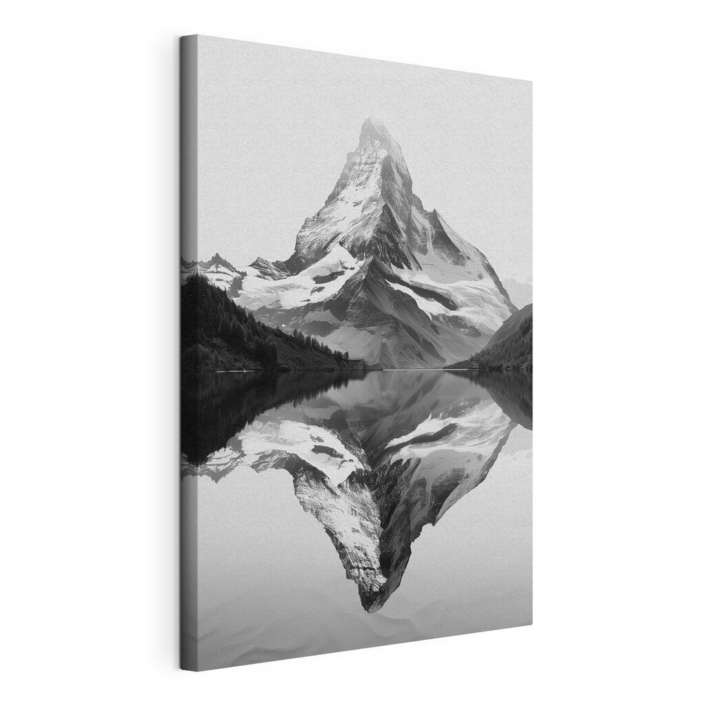 Bergspiegelung in Schwarz-Weiß, gespannte Leinwand mit umlaufender Kante