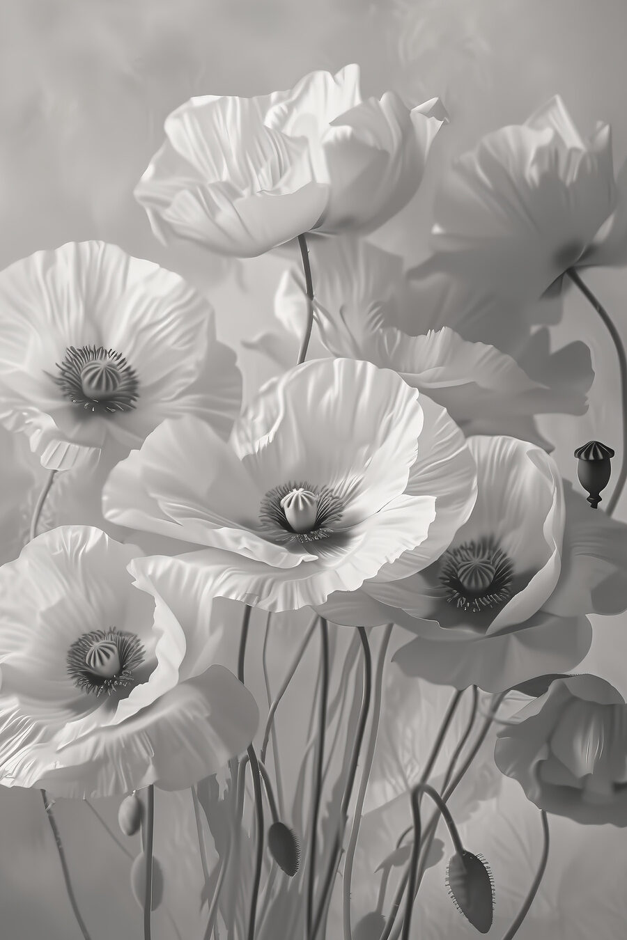 Weiße Mohnblumen vor Grau — ganzes Design