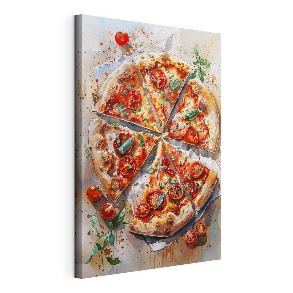 Pizza zwischen Tomaten, gespannte Leinwand mit umlaufender Kante
