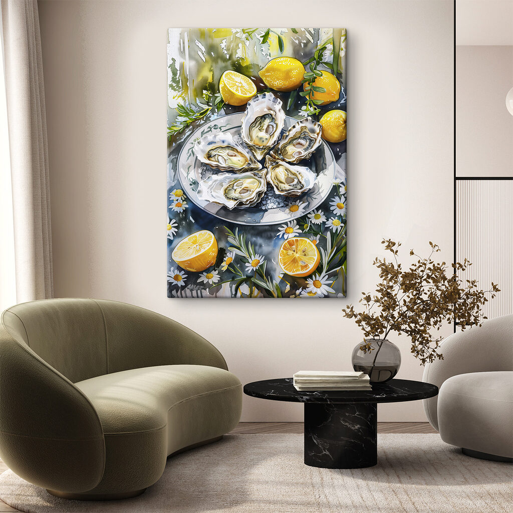 Austern zwischen blühenden Zitronen in einem Interieur
