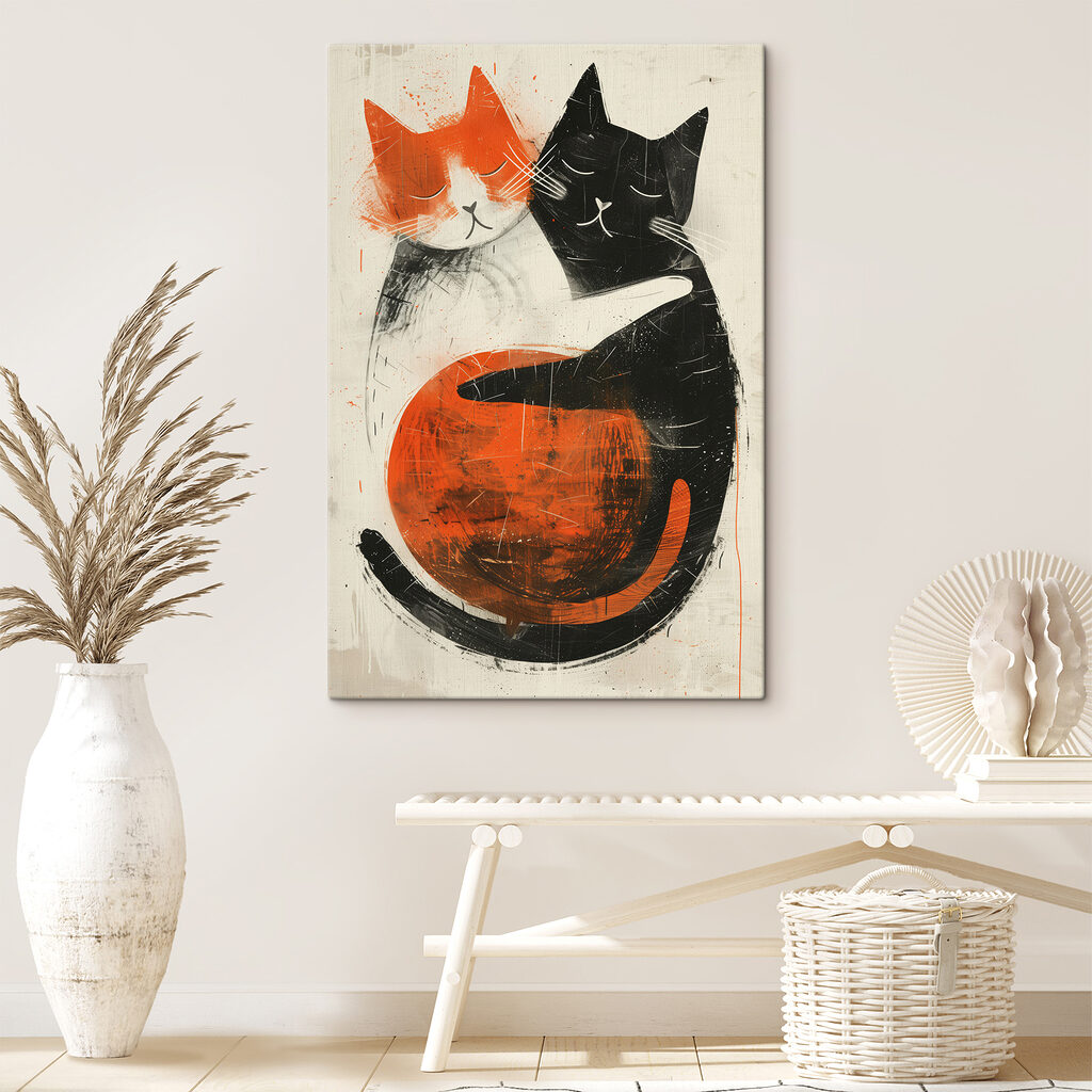 Zwei Katzen eng umschlungen in einem Interieur