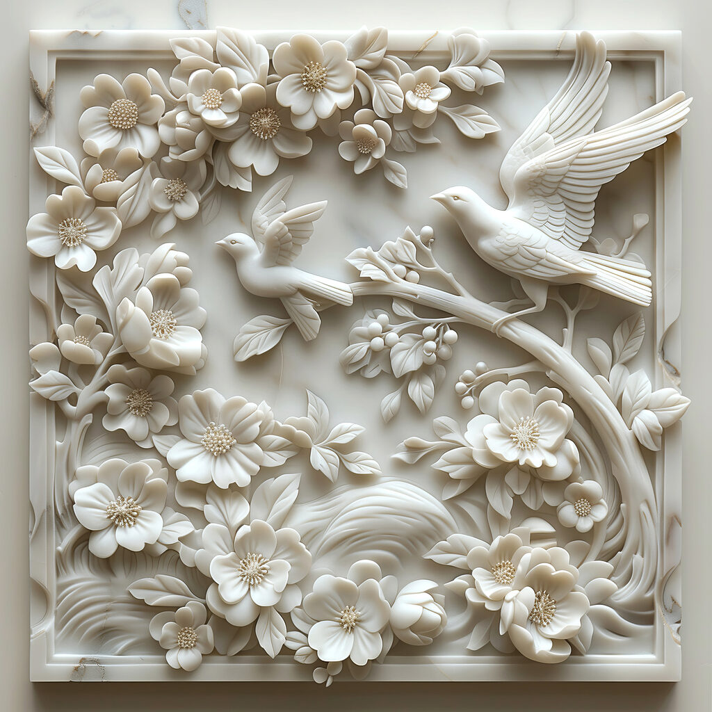 Weiße Vögel in Blütenzweigen — ganzes Design