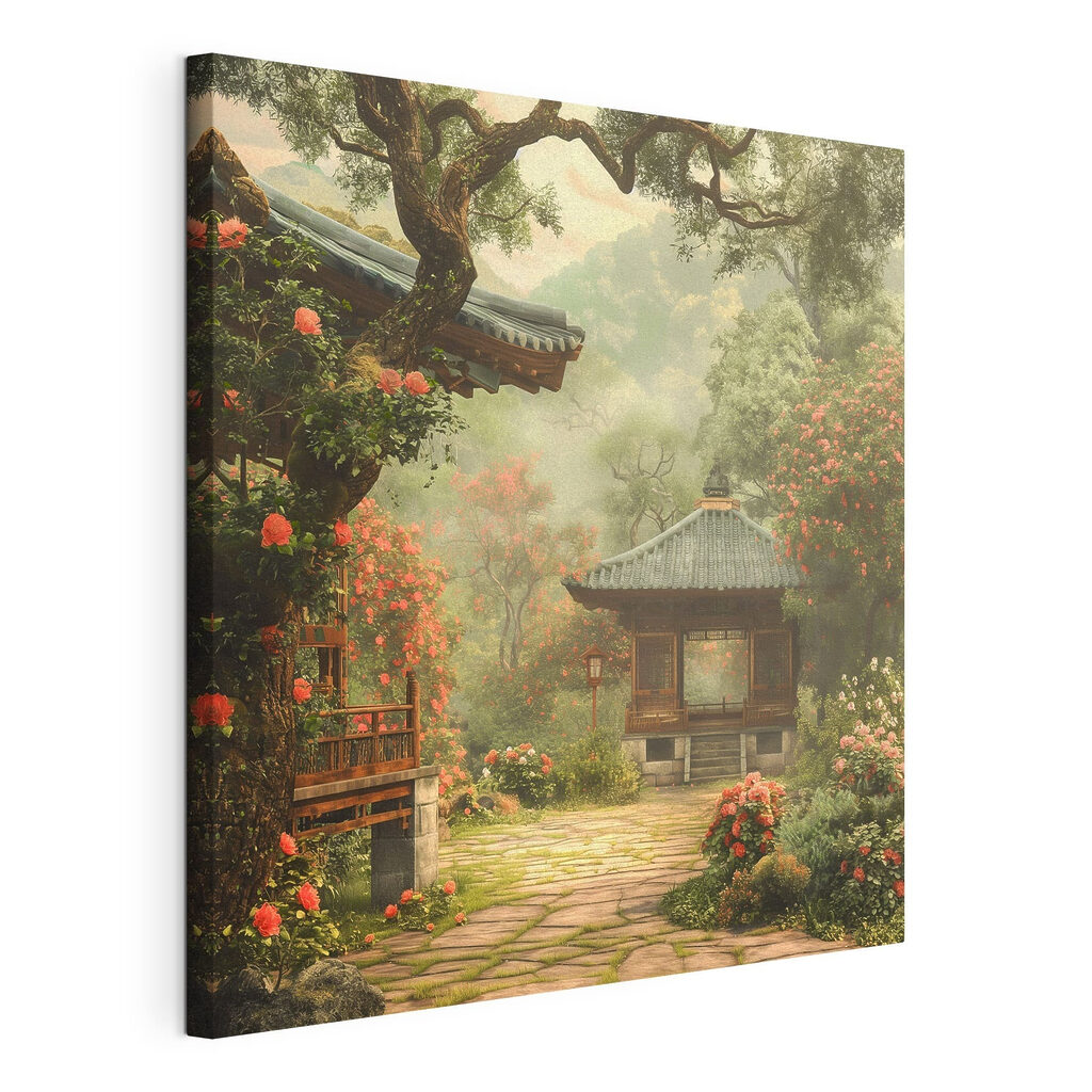 Gartenweg unter altem Baum, gespannte Leinwand mit umlaufender Kante