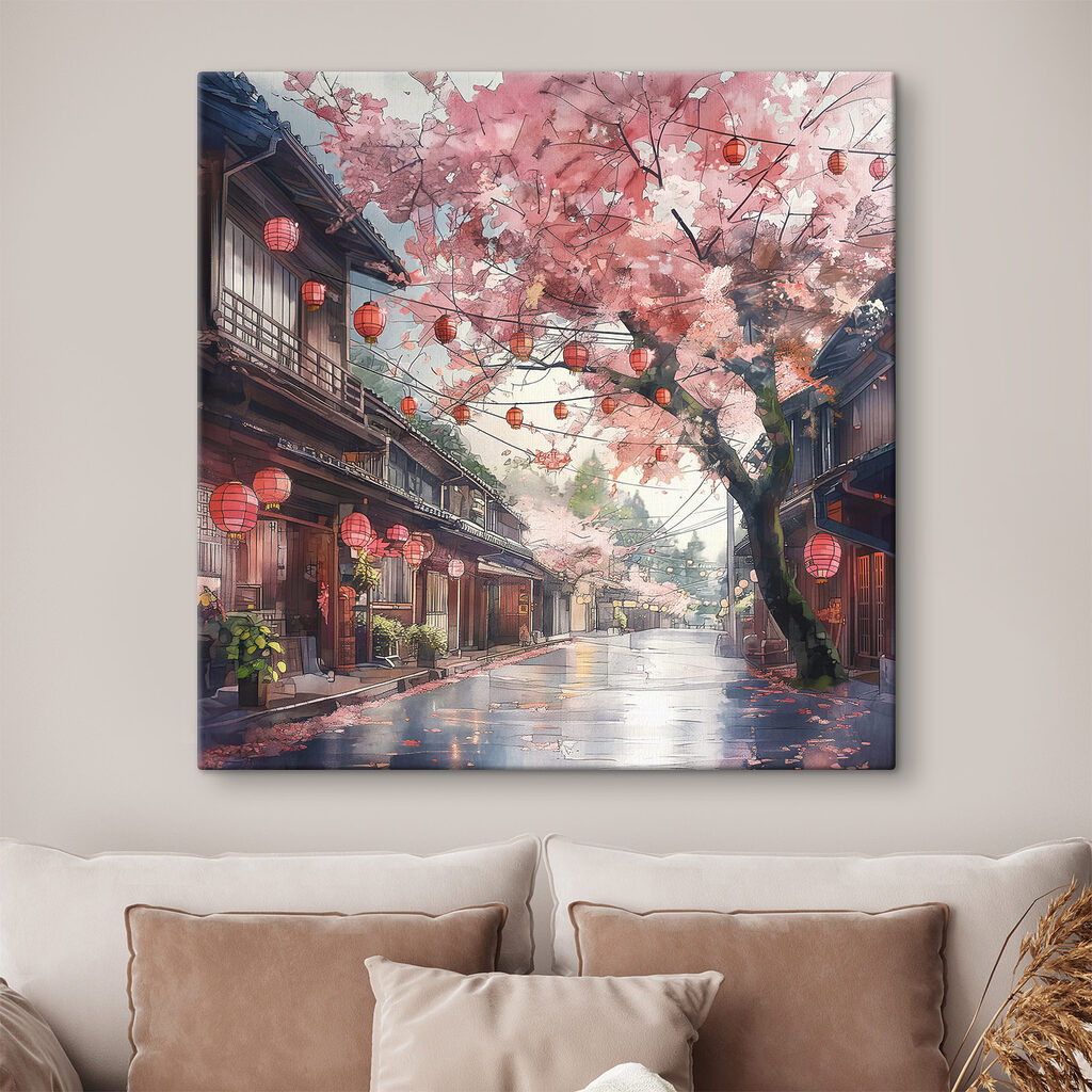 Blüten über roten Laternen in einem Interieur