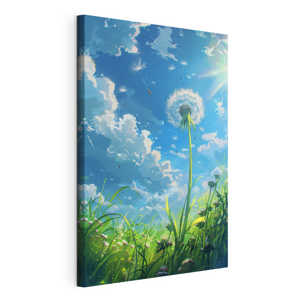 Pusteblume vor Himmelblau, gespannte Leinwand mit umlaufender Kante