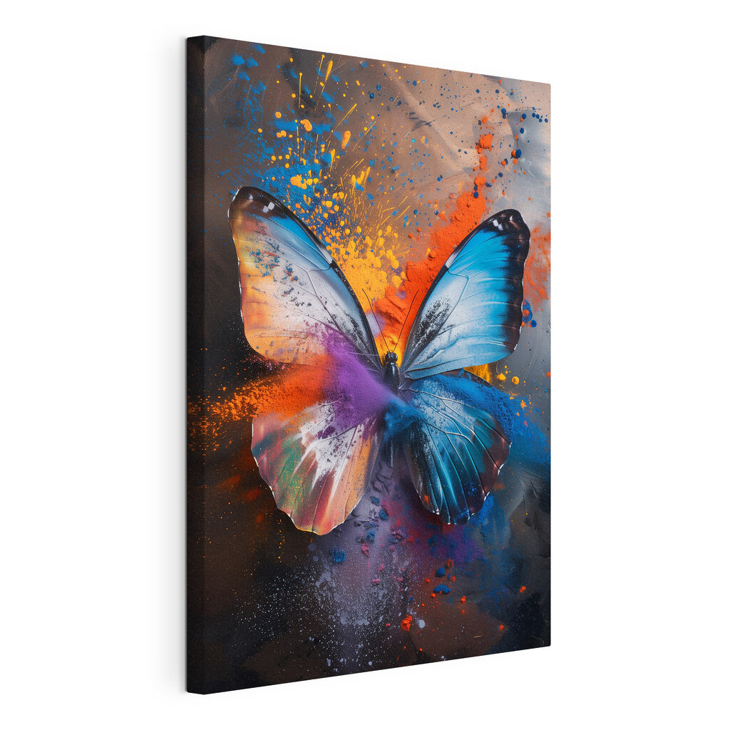 Blauer Schmetterling in Spritzern, gespannte Leinwand mit umlaufender Kante