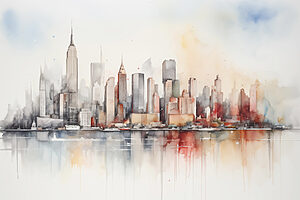 Skyline in feinen Aquarelllinien — ganzes Design
