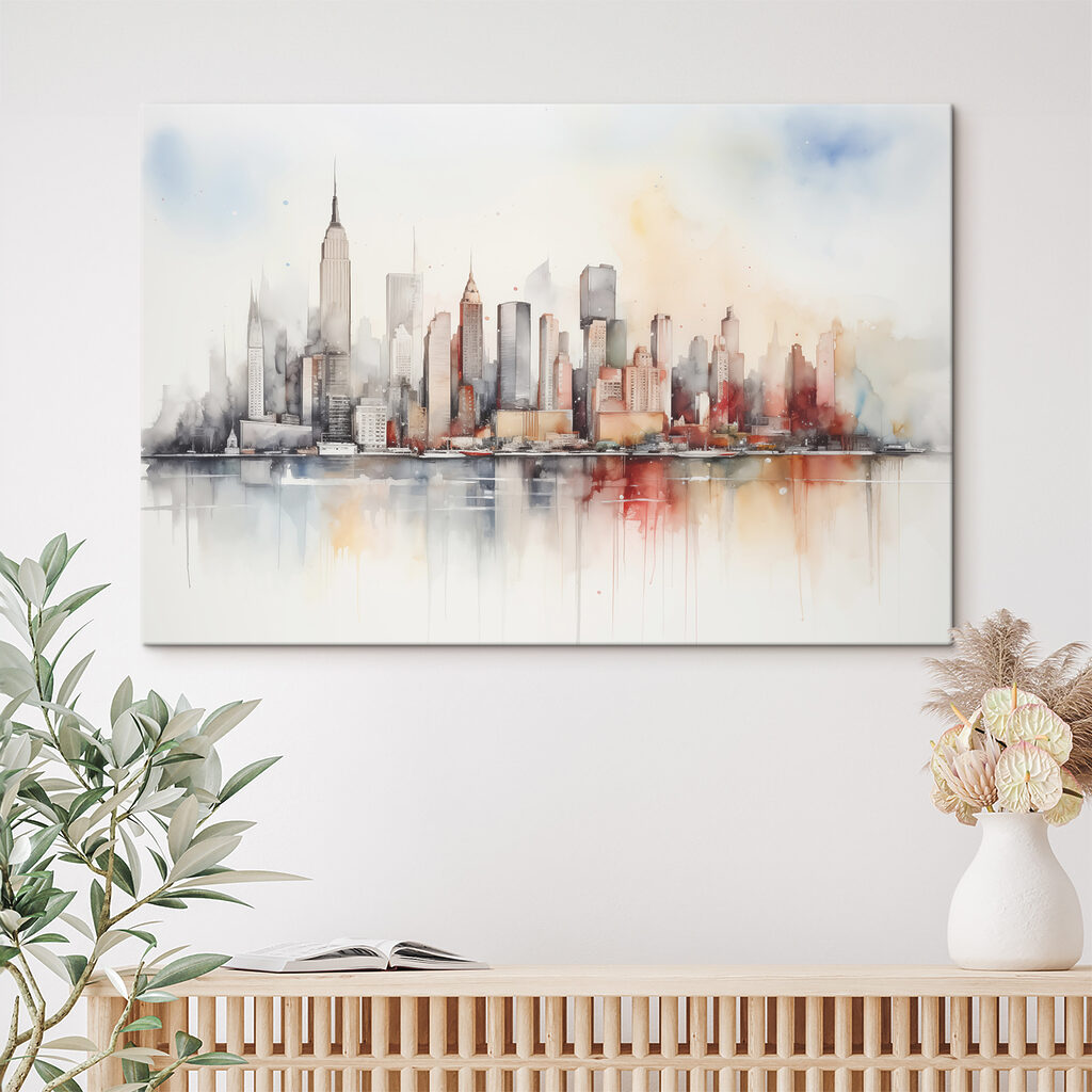 Skyline in feinen Aquarelllinien in einem Interieur