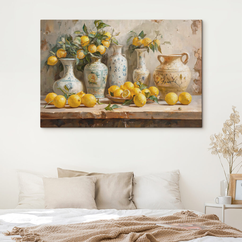 Zitronen zwischen bemalten Krügen in einem Interieur