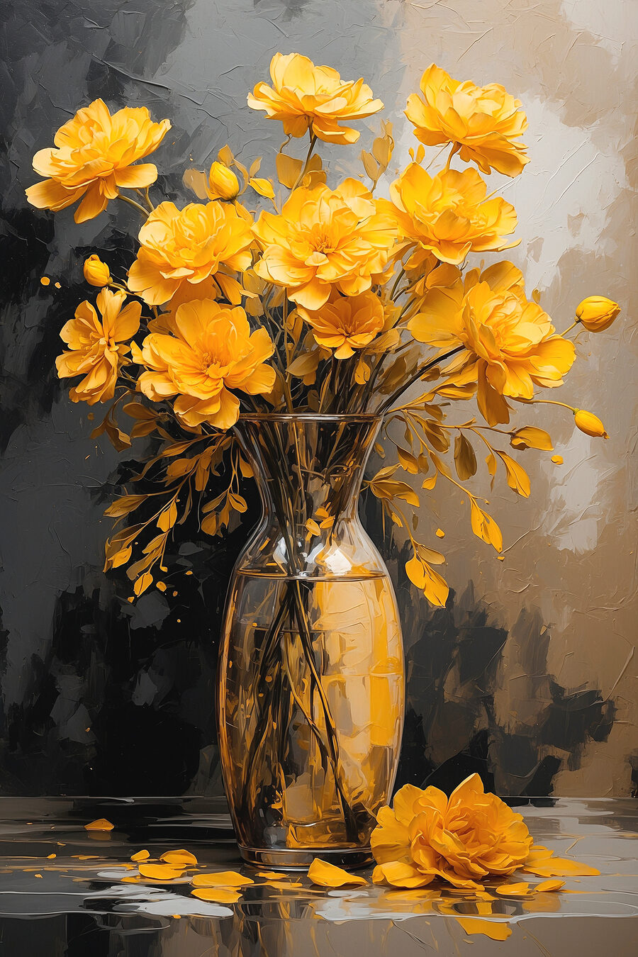 Gelbe Blüten vor Dunkelgrau — ganzes Design
