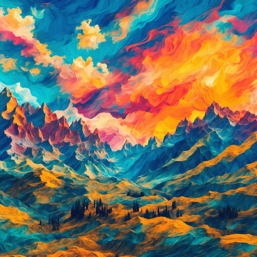 Berge unter flammenden Wolken — ganzes Design