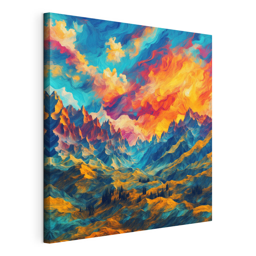 Berge unter flammenden Wolken, gespannte Leinwand mit umlaufender Kante