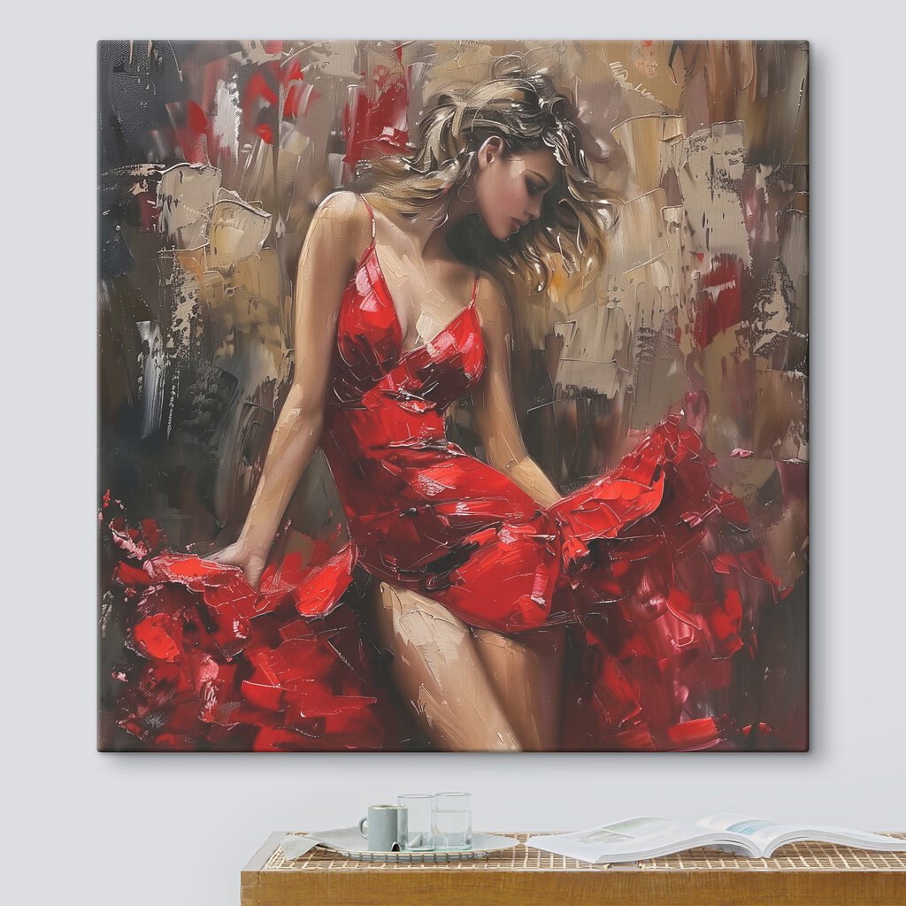Rotes Kleid in Bewegung in einem Interieur