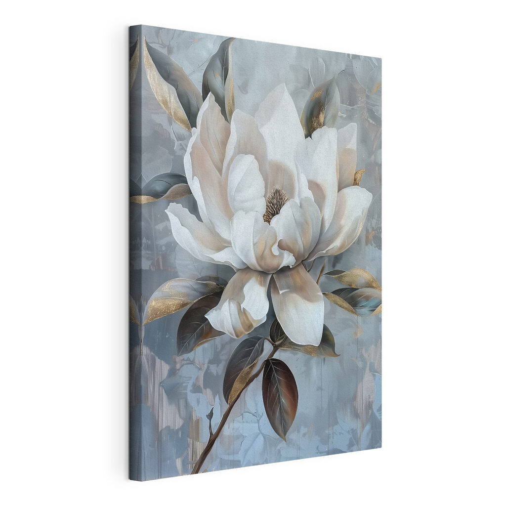 Weiße Magnolie auf Blaugrau, gespannte Leinwand mit umlaufender Kante