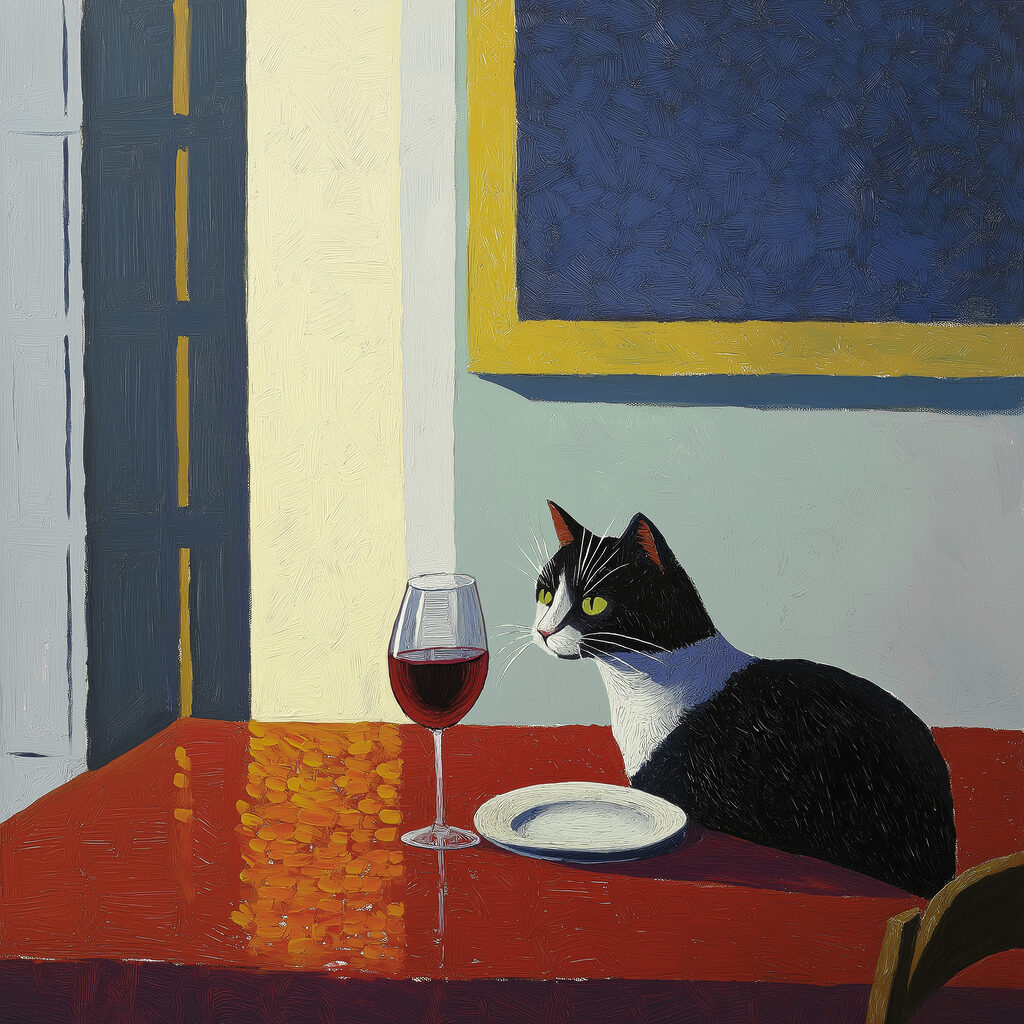 Katze am Weintisch — ganzes Design