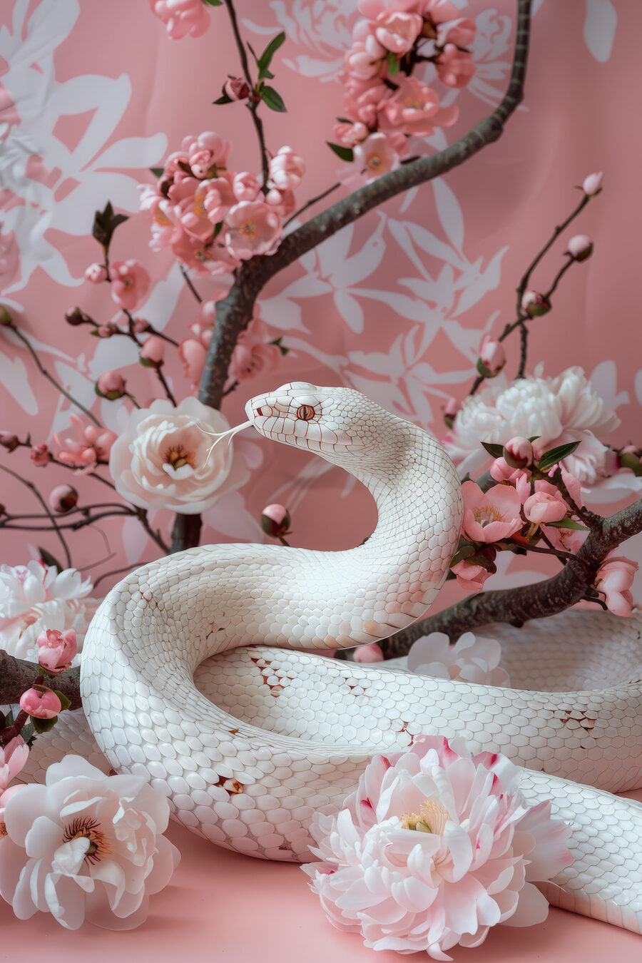 Schlange zwischen rosa Blüten — ganzes Design