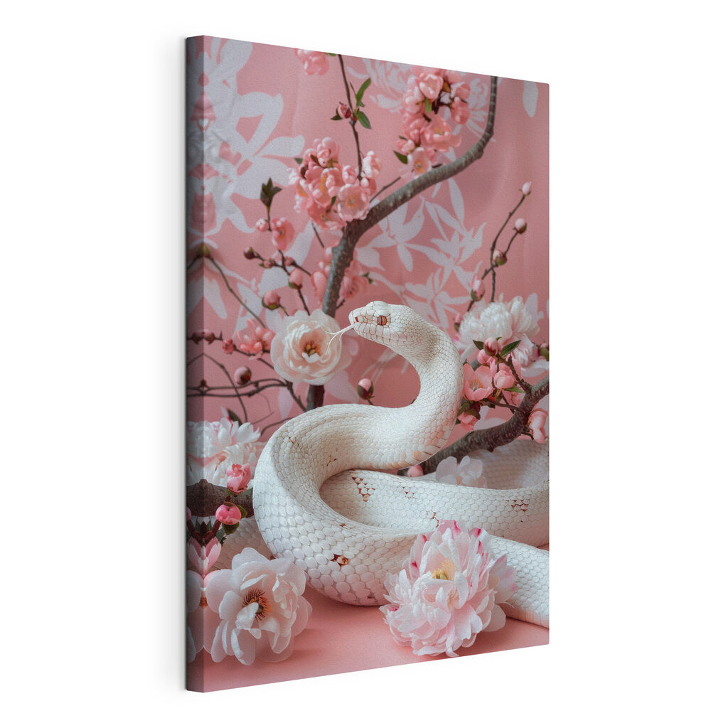 Schlange zwischen rosa Blüten, gespannte Leinwand mit umlaufender Kante