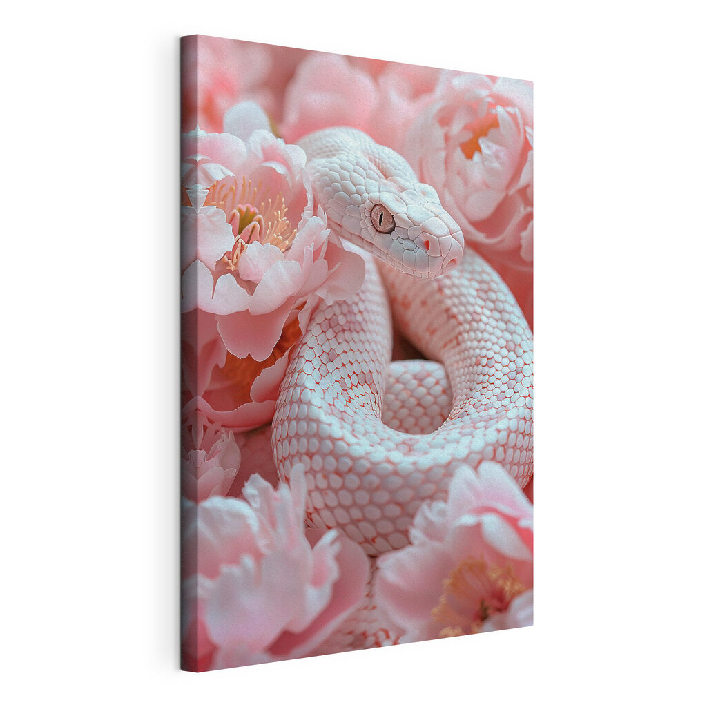 Schlangenblick zwischen Rosen, gespannte Leinwand mit umlaufender Kante