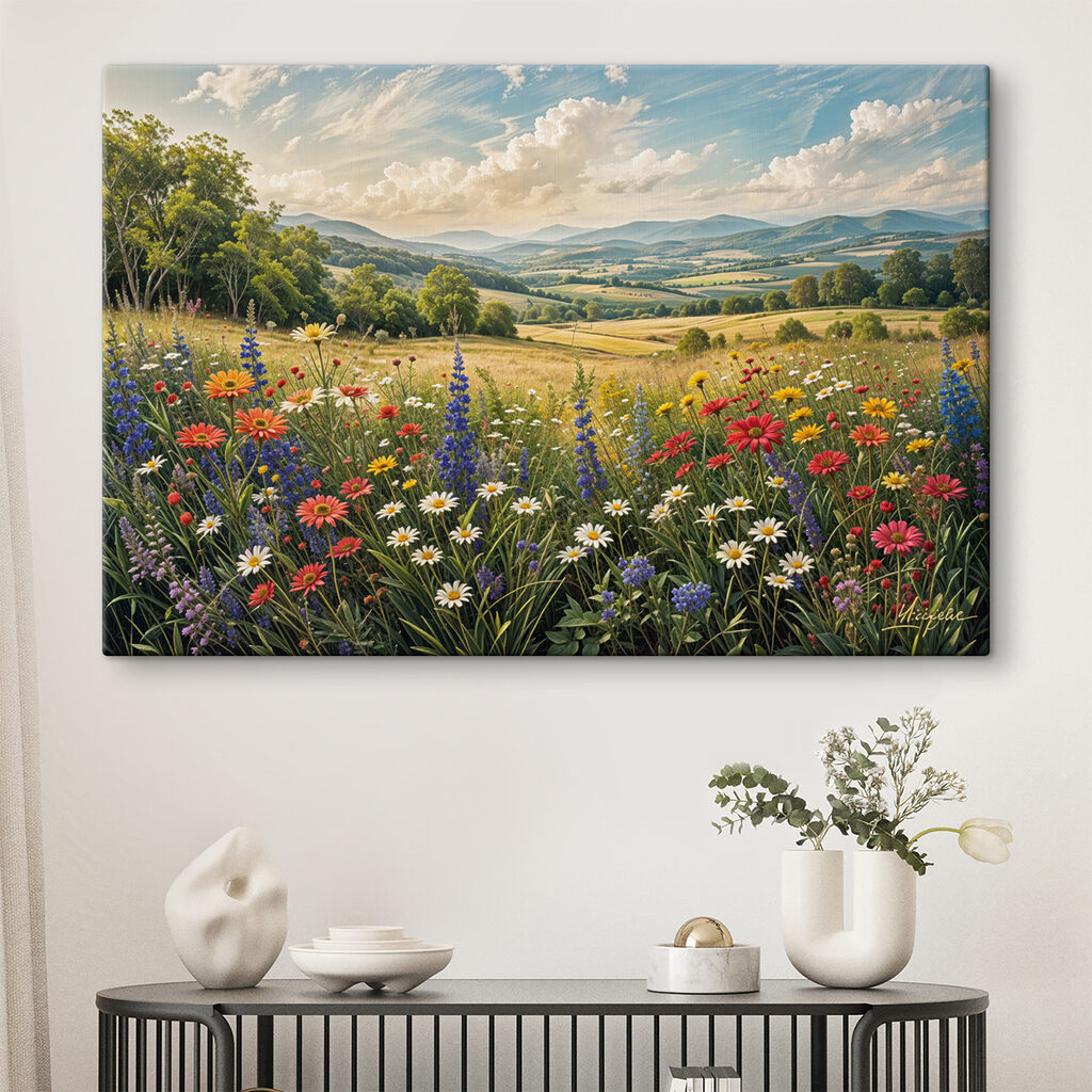Wildblumen über grünem Tal in einem Interieur