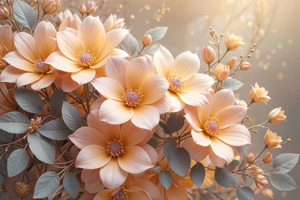 Pfirsichfarbene Blüten, graues Laub — ganzes Design
