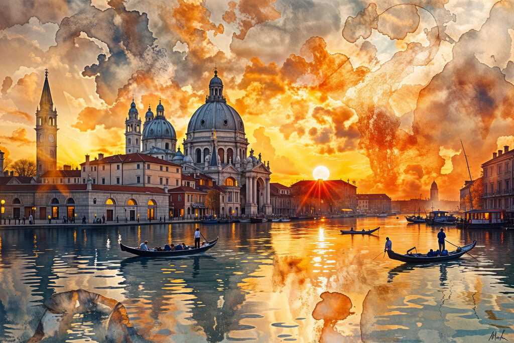Venedig unter orangefarbenen Wolken — ganzes Design