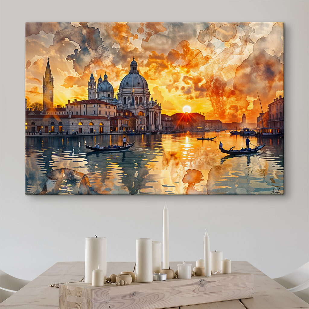 Venedig unter orangefarbenen Wolken in einem Interieur