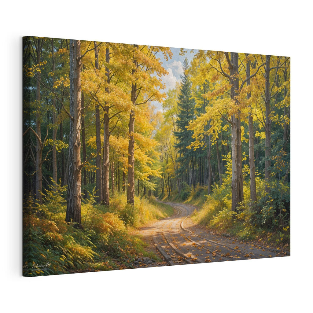 Waldweg im Herbstgold, gespannte Leinwand mit umlaufender Kante