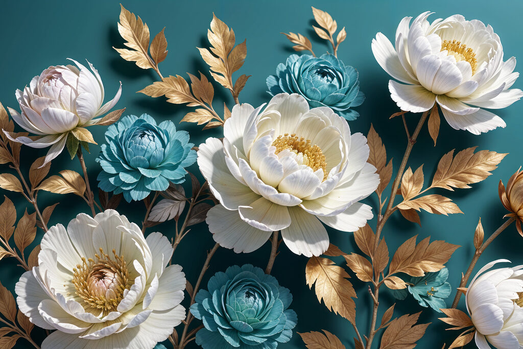 Weiße Blüte auf Petrolblau — ganzes Design