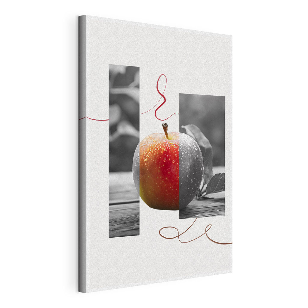 Collage mit rotem Apfel, gespannte Leinwand mit umlaufender Kante