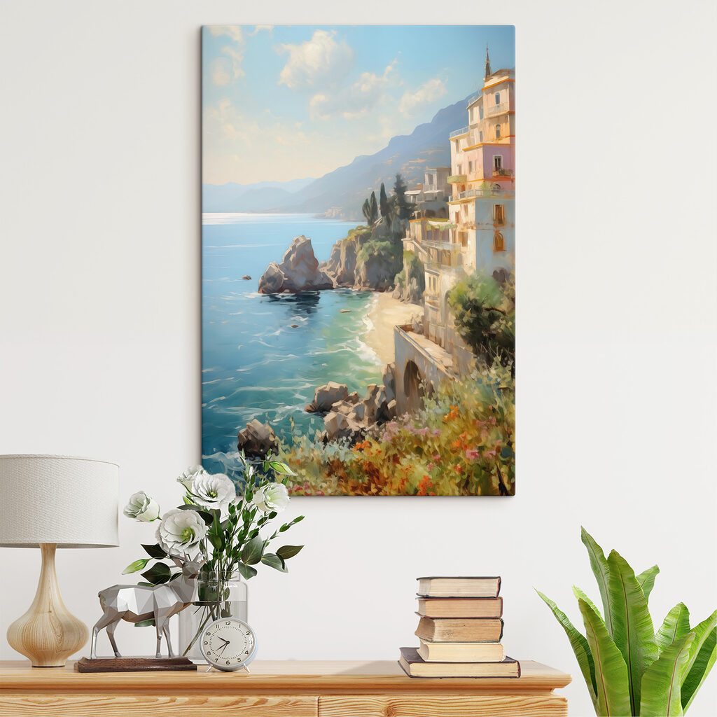 Küstenhäuser am türkisfarbenen Wasser in einem Interieur