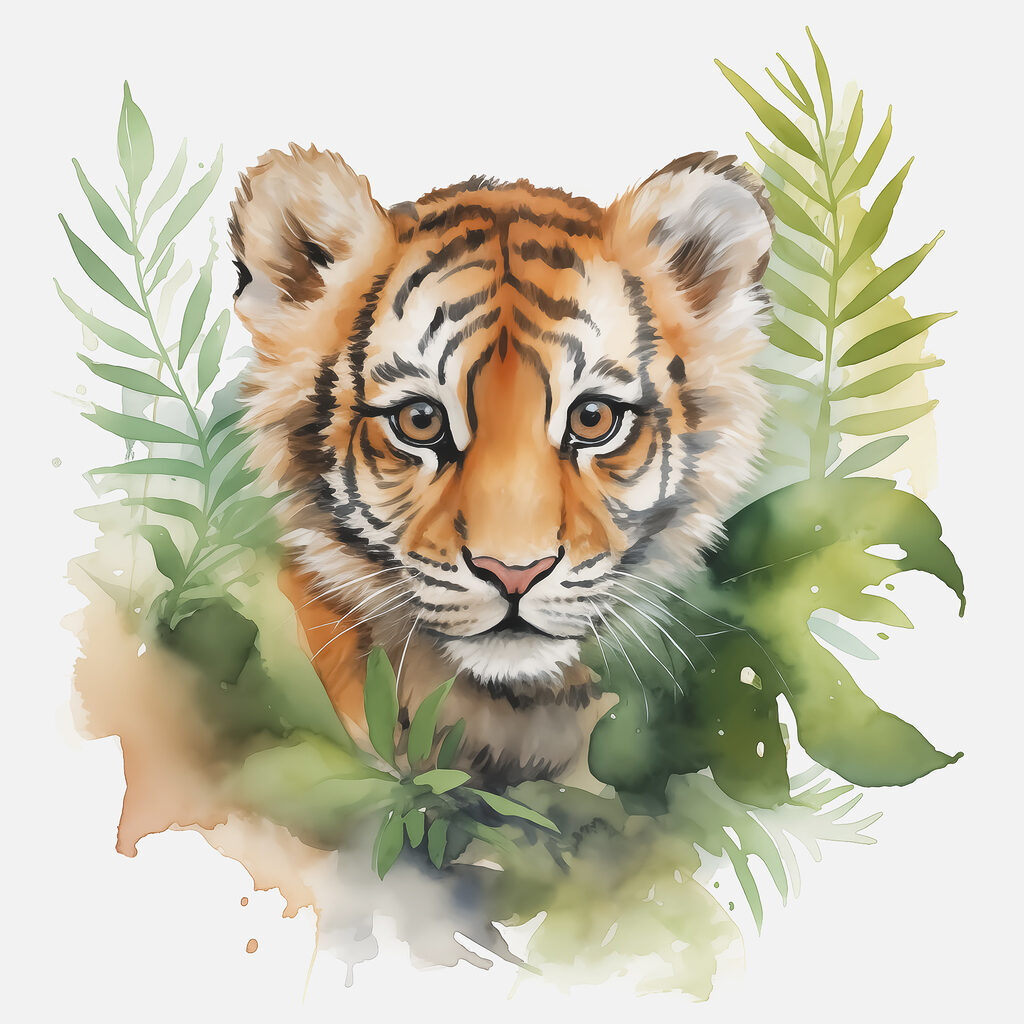 Tigerjunges zwischen Blättern — ganzes Design