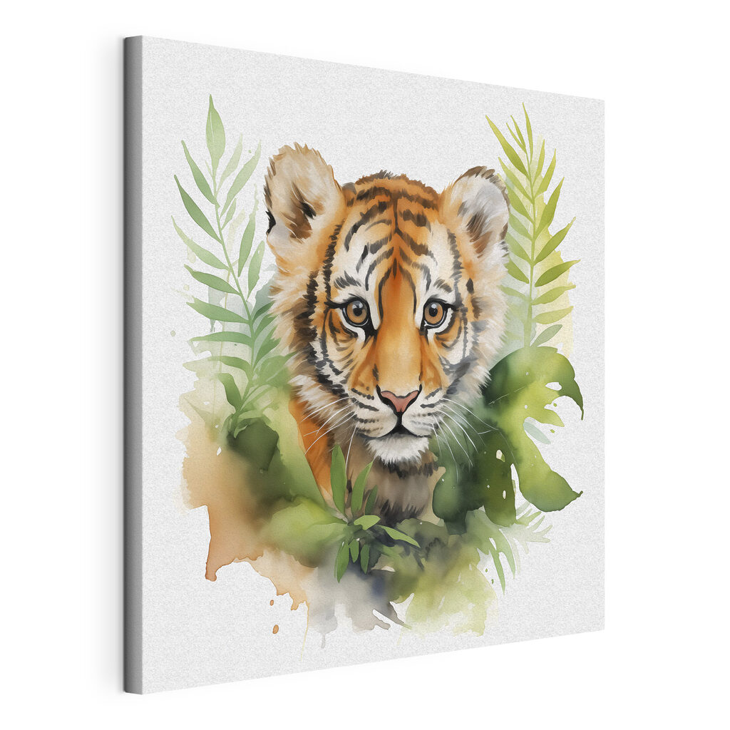 Tigerjunges zwischen Blättern, gespannte Leinwand mit umlaufender Kante