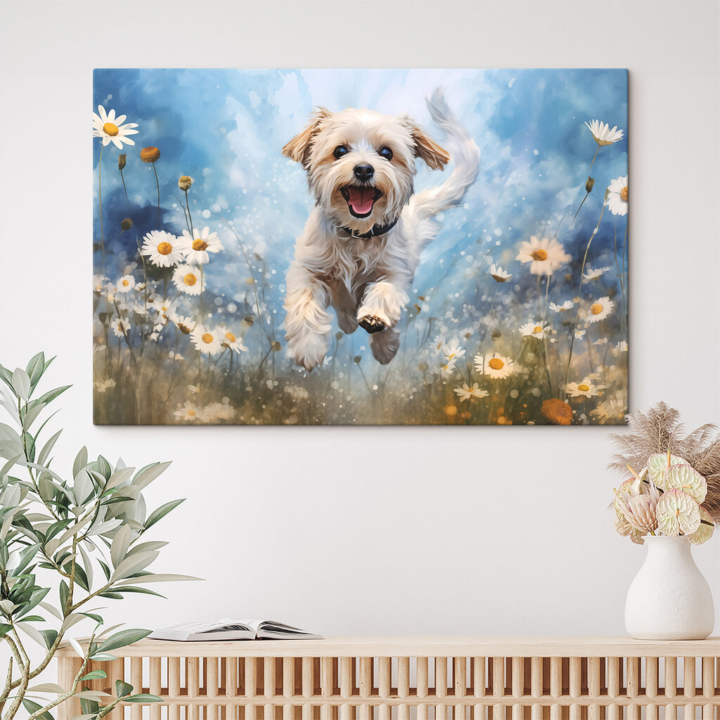 Hündchen springt durch Blumen — Interieur 2